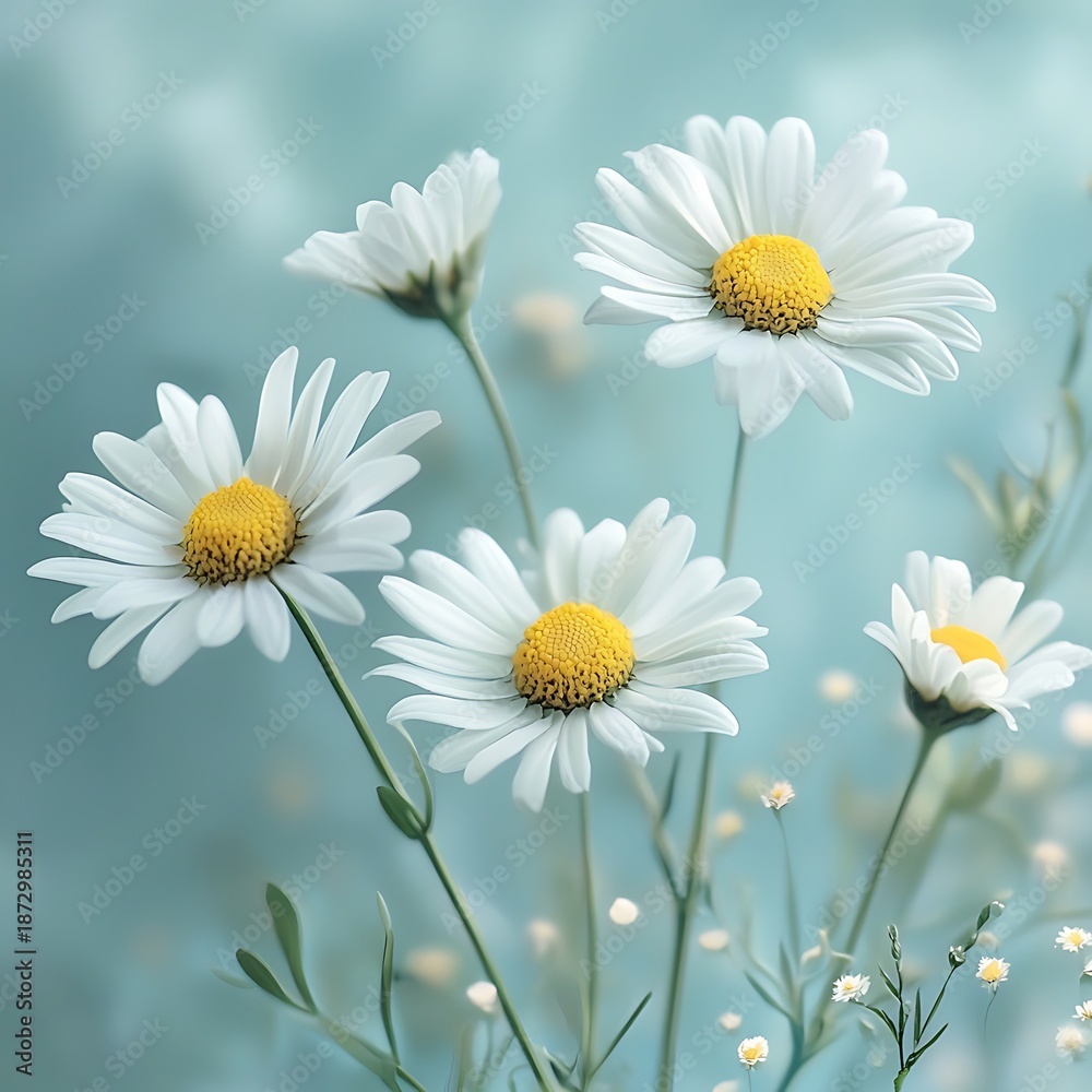 Naklejka premium Daisy Field in Bloom: The delicate beauty of a daisy field is showcased, with pristine white petals and vibrant yellow centers. Their petals stand out. a symphony of life.
