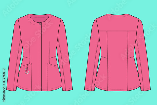 Women’s Tailored Jewel-Neck Scrub Jacket with Heart Charm Detail Apparel Technical Drawing Flat Sketch