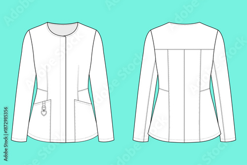 Women's Tailored Zipper-Front Scrub Jacket with Heart Detail Fashion Technical Flat Sketch
