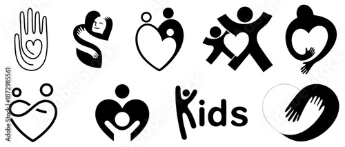 Charity and kids logo set for nonprofit organizations, typography brand identity design for children, families and community support