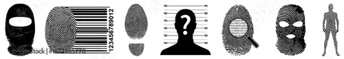 Crime and Criminal Identity Set, Anonymous Offender Silhouettes, Fingerprint Barcode and Masked Faces, Law Enforcement Investigation and Forensic Identification
