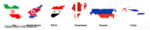 Country Map Silhouettes with National Flags Set, Iran North Korea Syria Greenland Russia Cuba Geographic Shapes, World Political Map Countries