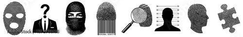 Criminal Investigation Icon Set with Suspect Silhouettes, Masked Criminals, Fingerprint, Evidence and Question Mark – Crime Search, Homicide and Law Enforcement