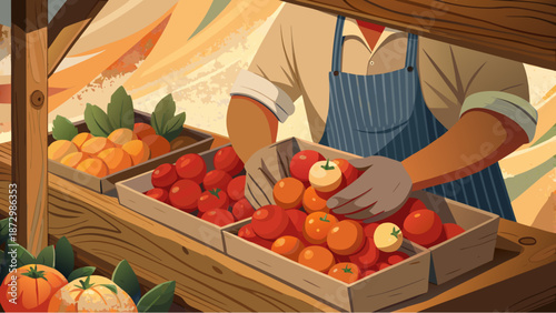 Farmer in apron sorting ripe tomatoes into wooden boxes at outdoor market stall