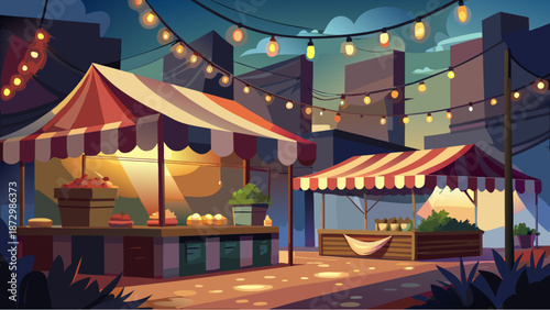 Night farmers market with striped tents, string lights and fresh produce in a cozy urban setting