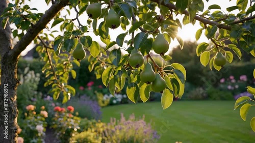 Sunlit Garden with Fruit Tree.