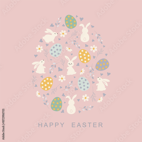 Easter greeting card. Modern background with Easter egg and hand drawn cute bunny, eggs, flowers