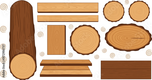 Wood log and timber board collection with tree rings, natural wooden texture vector illustration set