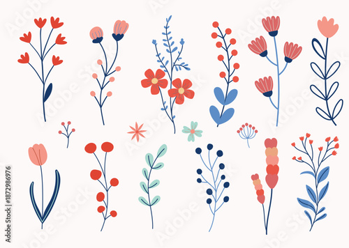 Set of floral vector illustration set with cute flowers and leaves. Spring holidays. Perfect for Valentine's Day, Women's Day, Easter, Mother's Day
