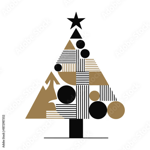 Modern christmas tree illustration in geometric shapes and black gold colors for unique holiday decoration in contemporary festive design for christmas or new year exactly 200