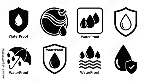 Diverse vector icon set for waterproof and water-resistant product features, ideal for symbolizing durability and protection against liquids in various applications
