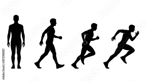 Dynamic human motion sequence A series of male silhouettes depicting standing, walking, jogging, and sprinting, perfect for fitness and activity concepts