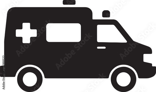 Side view silhouette of emergency ambulance medical rescue vehicle with cross symbol for urgent healthcare response