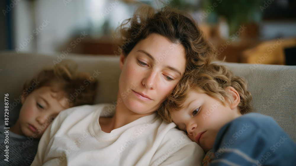 Fototapeta premium Tired mother resting on a sofa while children play nearby, heavy eyes and stillness capturing fatigue, devotion, and everyday family reality. cinematic color correction, natural uneven lighting yet