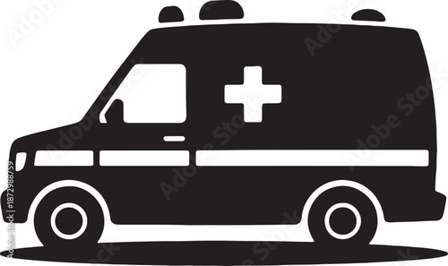 Ambulance emergency vehicle icon silhouette side view showing medical cross symbol used for first aid and health service graphic design