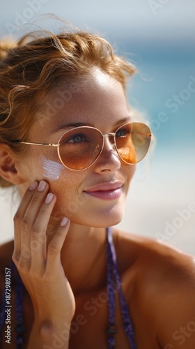 Woman applying sunscreen while enjoying the beach