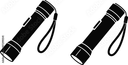 Black flashlight silhouette, wrist strap, emergency tool, portable light, camping gear, tactical flashlight, vector icon, isolated design, safety equipment