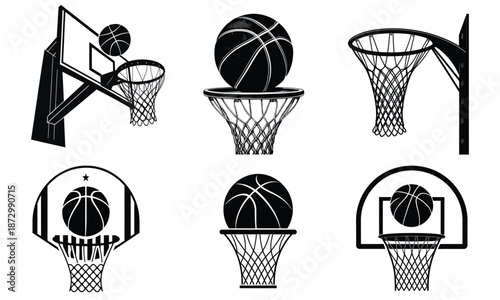Basketball hoop and ball icon set, black and white basketball game sports vector illustration for logo, app icon, ui design, web graphics, print media, training and tournament use