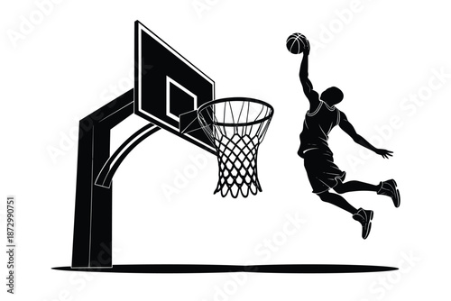 Black and white basketball ball going through hoop vector illustration, monochrome sports engraving style, isolated on white background for logo, t-shirt, poster, branding design