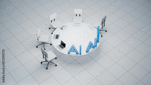 Animation showing how artificial intelligence replaces people in the workplace. Seats at the table are replaced with a 3D generated AI sign.