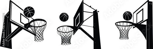 Basketball hoop and ball icon set, black and white basketball game sports vector illustration for logo, app icon, ui design, web graphics, print media, training and tournament use