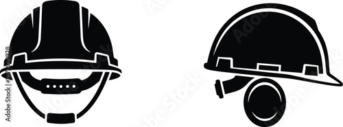 Safety helmet icon, construction gear, protective equipment, industrial safety, worker protection, hard hat, PPE symbol, secure fit, noise reduction, occupational safety, black and white