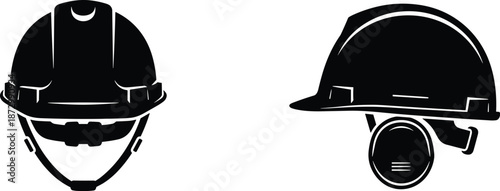 Safety helmet silhouette, PPE icon, construction gear, industrial protection, face shield, earmuffs, worker safety, black vector, equipment illustration, hazard defense