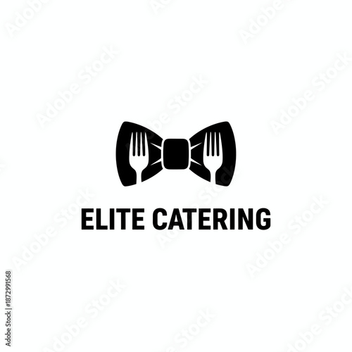 Elegant Elite Catering Logo Featuring a Black Bow Tie with Fork Silhouettes for Fine Dining
