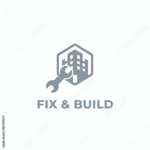 Modern Fix and Build Logo with Hexagonal Building and Wrench Icon for Construction Services