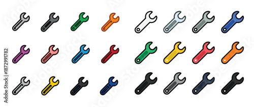 Collection of various colorful wrenches in different colors and shades