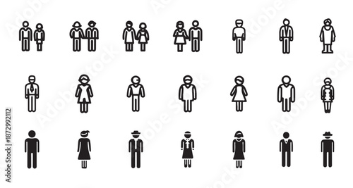 Collection of various human figure icons in different attire and arrangements