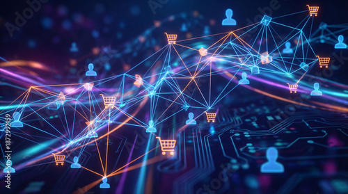 Digital ecommerce network with connected users and shopping cart icons inside data servers, representing online commerce, customer connections, data flow, technology driven retail systems.