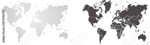 Set of flat earth world maps with dots in different resolution. Round pixel pattern. Modern digital globe. Black dots on white background. Worldmap template for website, infographics, design