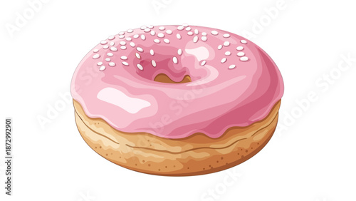 Delicious Pink Frosted Donut with Sprinkles Isolated on White Background