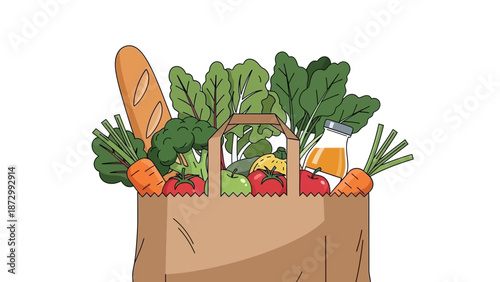 Brown Paper Grocery Bag Filled with Fresh Produce, Bread, and Juice