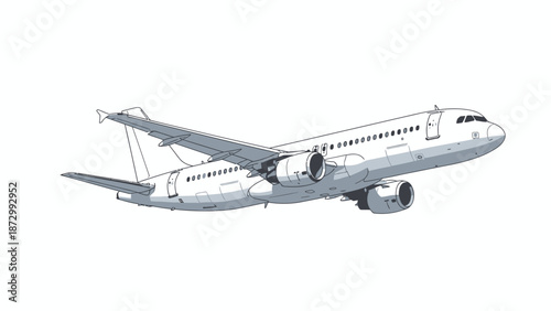 Detailed Vector Illustration of a Modern Passenger Airplane in Flight Against a White Background