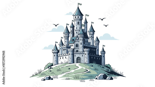 Fairytale Medieval Castle on a Green Hilltop with Birds Flying in the Sky