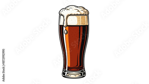 Glass of Refreshing Dark Beer with Frothy Head and Bubbles on White Background