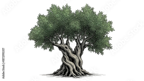 Detailed Vector Illustration of a Gnarled Ancient Olive Tree with Lush Green Foliage