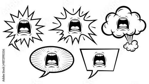 Set of distressed comic book style faces shouting in speech bubbles