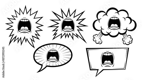 Set of Cartoon Speech Bubbles with Screaming Mouths, Expressing Anger and Emotion