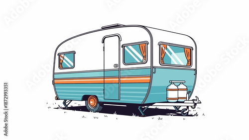 Retro Travel Trailer with Orange and Teal Accents, Vintage Camper Illustration
