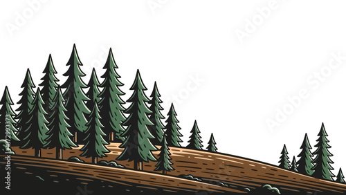 Stylized Evergreen Trees on a Rolling Hillside with a White Background