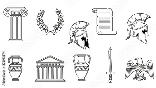 Ancient Greek Icons: Column, Laurel Wreath, Helmet, Scroll, Amphorae, Temple, Sword, Eagle