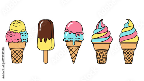 Collection of Colorful Ice Cream Cones and Popsicles on a White Background