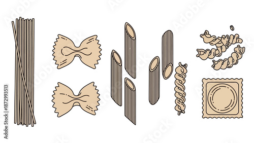 Collection of Raw Pasta Shapes and Types Isolated on White Background