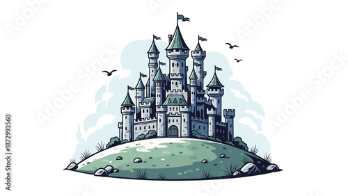 Majestic Fairytale Castle on a Hilltop with Birds Flying in a Cloudy Sky