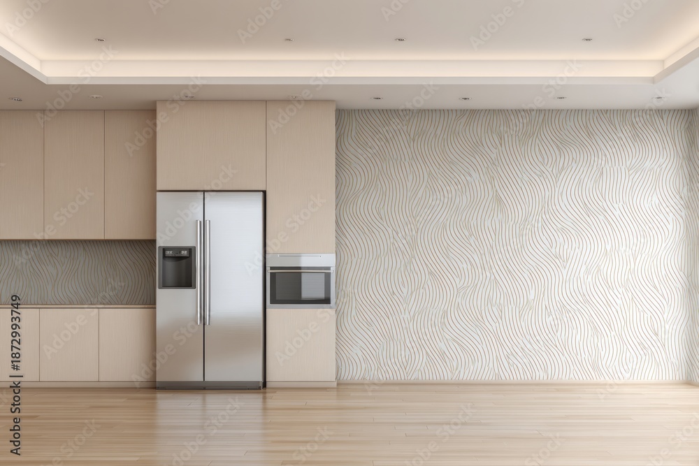 Fototapeta premium Modern kitchen with light wood cabinets, stainless steel appliances, and textured wall.