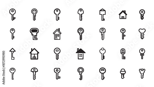 Collection of various key and house icons in simple black line art style