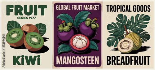 Triptych vintage fruit posters featuring kiwi, mangosteen, and breadfruit with retro typography, bold shadows, tropical leaves, and cream backgrounds.